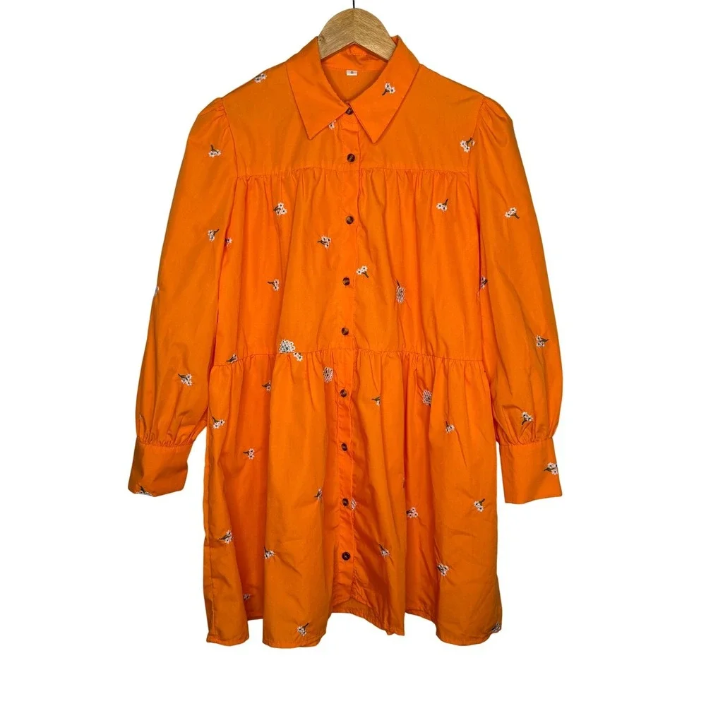 Floral Embroidered Tiered Babydoll Mini Dress Womens Small Orange Boho Whimsical